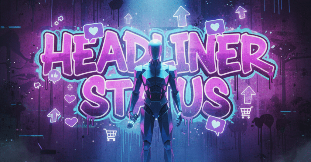 Bright neon target or dartboard with a glowing arrow hitting the bullseye, surrounded by arrows and icons representing data, finance, social media, and commerce, illustrating business goal achievement and digital targeting.