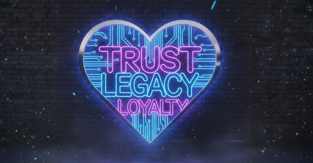 Neon blue and pink circuit-board heart design with the words "TRUST LEGACY LOYALTY" inside, against a black brick wall, symbolizing digital customer relationships and brand values.