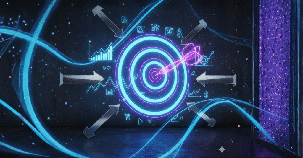 Futuristic robot standing in front of neon purple and pink graffiti text reading "HEADLINER STATUS" with social media icons like hearts, thumbs-up, and arrows, suitable for a digital marketing or brand identity blog.