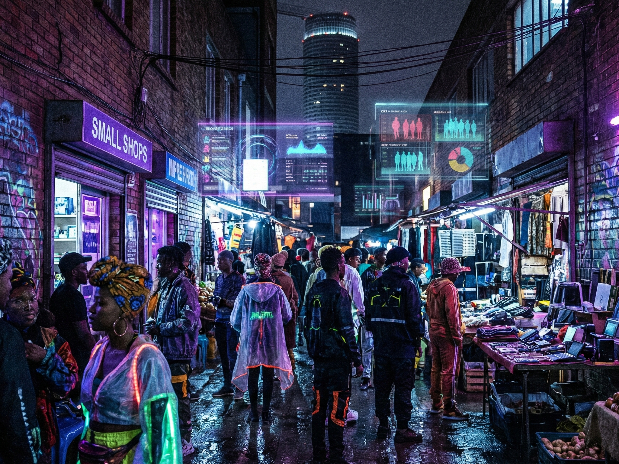 A single Afropunk figure in vibrant, glowing neon armor walks confidently against a crowd of pedestrians wearing identical drab grey clothing on a rainy Johannesburg street. The Hillbrow Tower stands in the background amidst brutalist architecture.