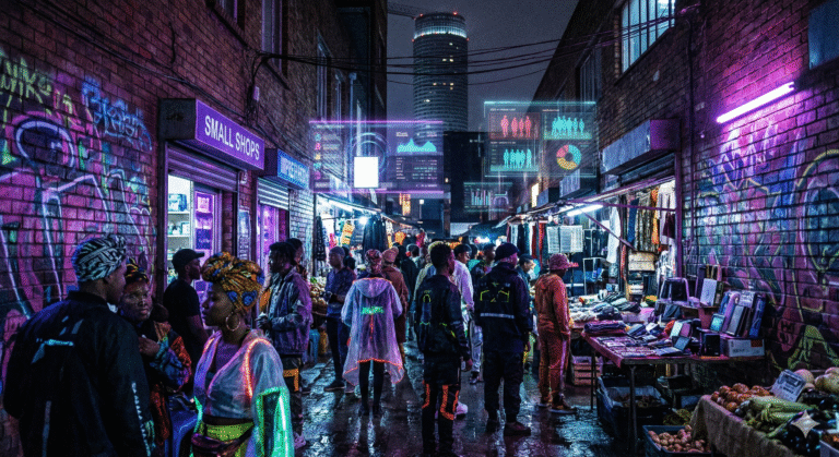 A futuristic South African street scene at night, bathed in neon-purple light. Holographic screens float in the air showing data funnels while diverse people with augmented reality devices walk past graffiti-covered walls and futuristic trains.