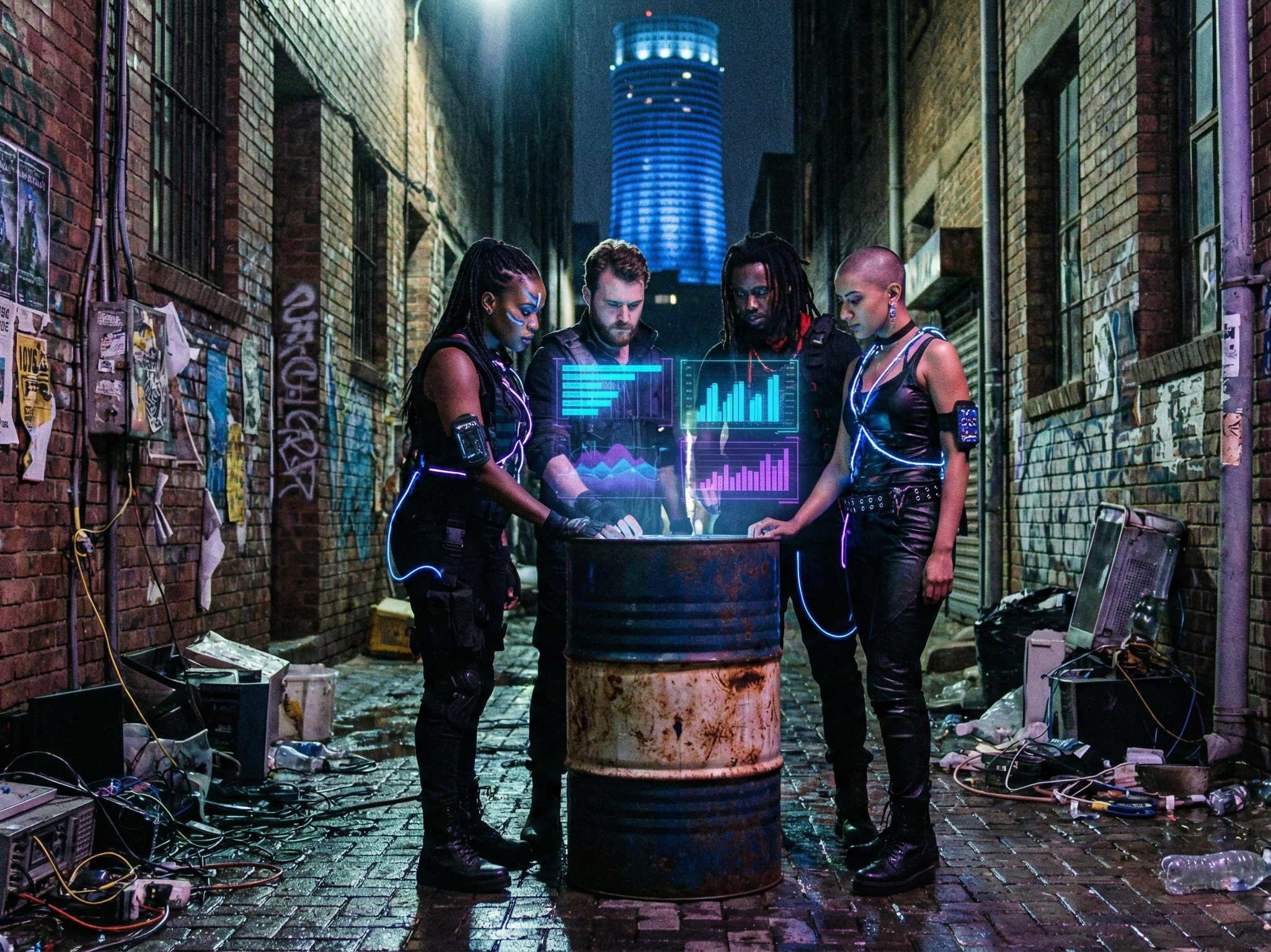 A futuristic South African street scene at night, bathed in neon-purple light. Holographic screens float in the air showing data funnels while diverse people with augmented reality devices walk past graffiti-covered walls and futuristic trains.