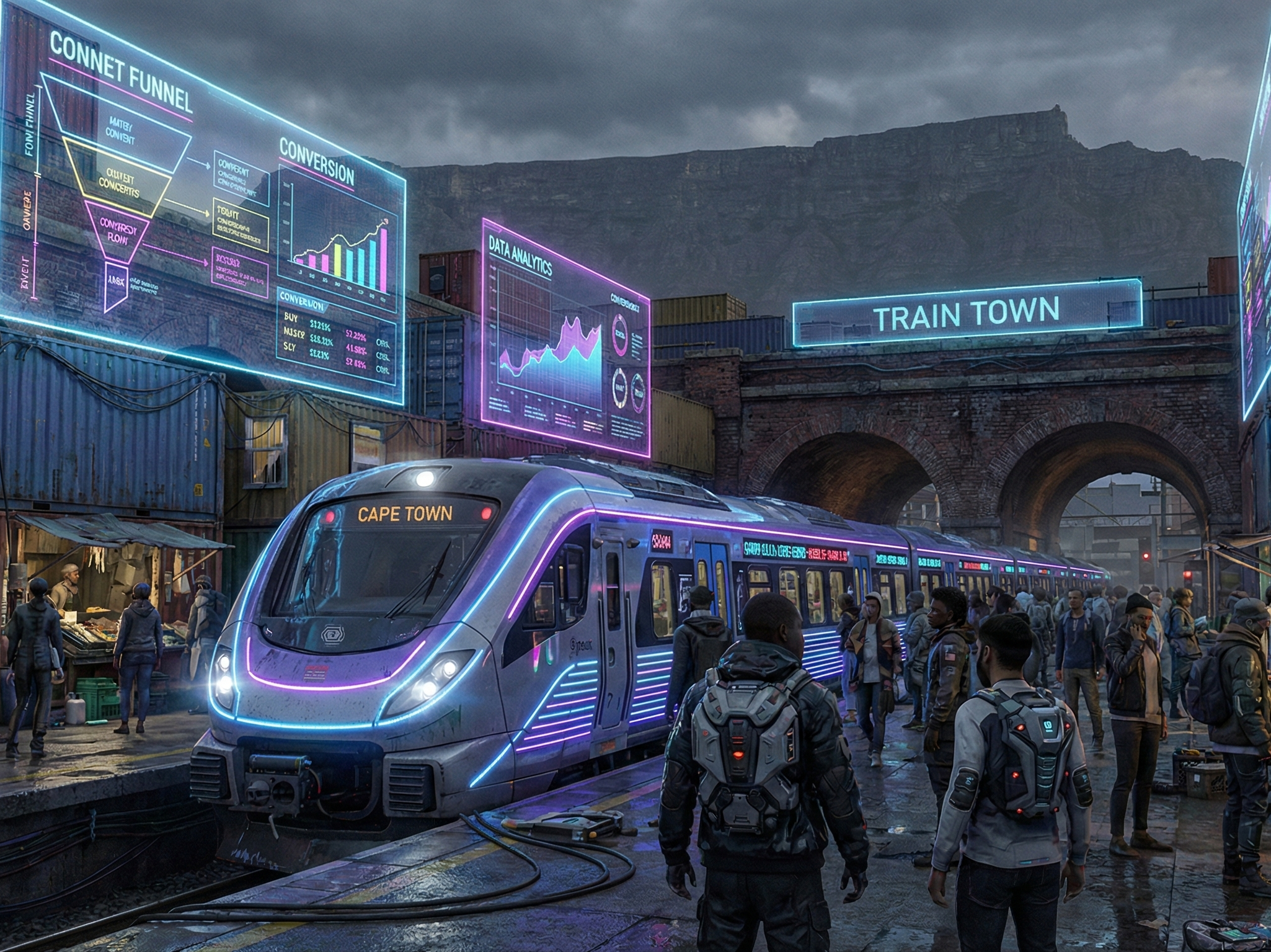 A street-level view of a dense Soweto neighborhood at night where a massive blue hologram projects charts and text from a makeshift shanty tower. A crowd of people in eclectic fashion stands among vintage taxis and stall traders to watch the projection.