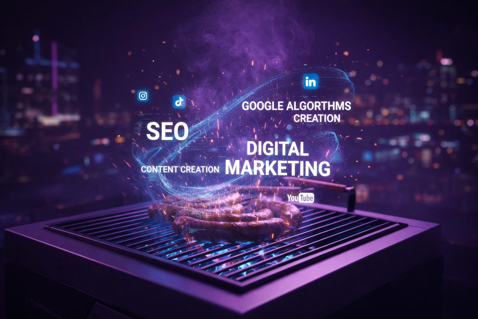 Futuristic digital marketing concept showing SEO, content creation, and Google algorithms visualized above a glowing barbecue grill with social media icons.
