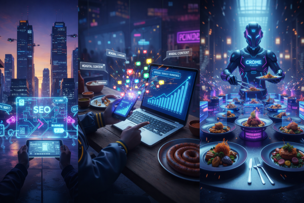 Digital marketing performance scene showing Google search rankings and viral content analytics on a laptop and smartphone with social media engagement icons.