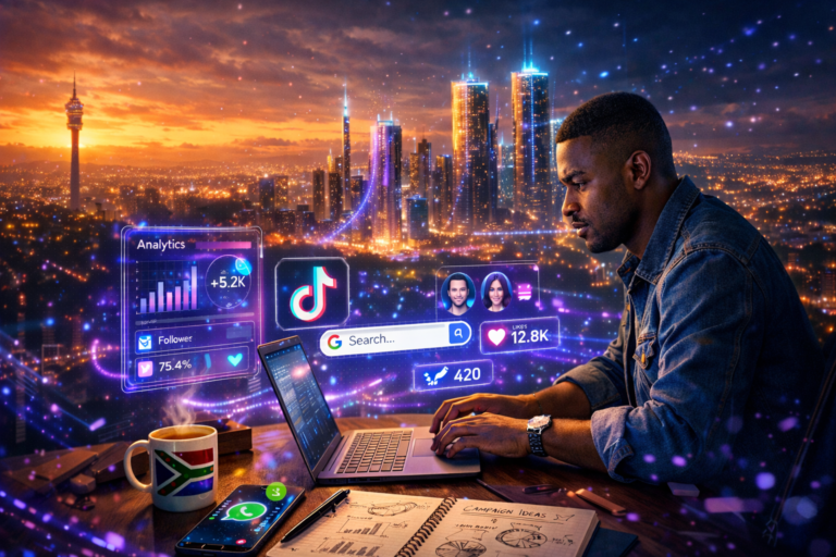 Digital marketing trends dashboard showing AI agents, analytics graphs, and social media icons on futuristic marketing interface.