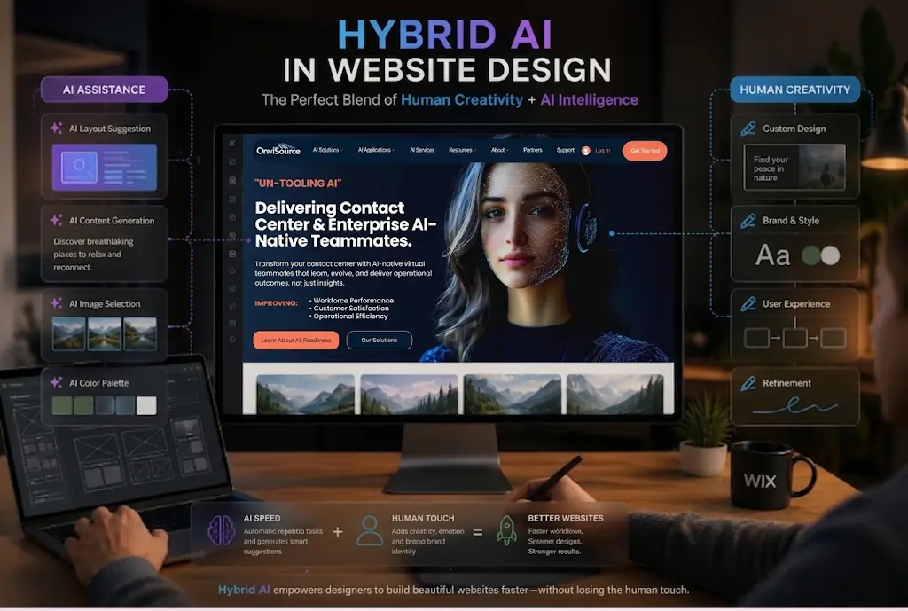 An infographic illustration titled 'Hybrid AI in Website Design' showing a computer monitor displaying a website interface, flanked by callout panels highlighting AI Assistance features on the left and Human Creativity controls on the right.