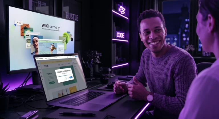A man in a purple sweater smiling at a colleague in a dark office room styled with black furniture and vibrant purple neon accent lighting reflected across the desk and shelves.